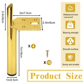 KHayRovies Metal Furniture Legs Set of 4, Heavy Duty Support Coffee Table Desk Legs Couch Feet, Replacement Straight Foot with Rubber Floor Protectors for Sofa Dresser TV Stand Cupboard (7", Golden)