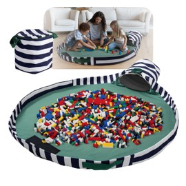 Large Toy Storage Organizer Bin & Play Mat for Kids, Doll Organizer for Boys and Girls, Toy Holders for Kids Rooms, Playroom Storage, Blue Stripe, 14x13 inches