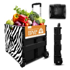 Inspired Living Ultra-Slim Rolling Collapsible Storage Pack-N-Roll Utility-carts, with Telescopic Handle, for Home, Garden, Shopping, Office, School use, Large, Zebra
