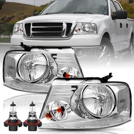 TUSDAR Headlight Assembly Set with Bulbs for 2004-2008 Ford F150 Pickup / 2006-2008 Lincoln Mark LT Driver and Passenger Side, Chrome Housing with Clear Reflector