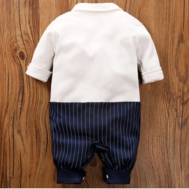 AGQT Newborn Baby Boys Gentleman Outfit Suit Long Sleeve Onesie Wedding Birthday Baptism Romper Formal Jumpsuit& Fake Vest Nevy Blue Stripes Size 0-3 Months