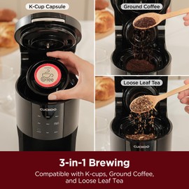 CUCKOO Single Serve Coffee Maker for K-Cup Ground Beans & Loose-Leaf Tea, Versatile 3-in-1 Pod Coffee Maker, Small Single Cup Machine with 5 Sizes and Auto-Clean Mode (CCM-AK011B)