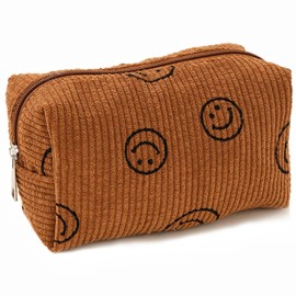 Corduroy Makeup Bag with Cute Smile Face Pattern,KQueenest Aesthetic Women Handbags Portable Toiletry Bag Small Cosmetic Bag Travel Storage Makeup Organizer for Women Girls(Medium Brown)
