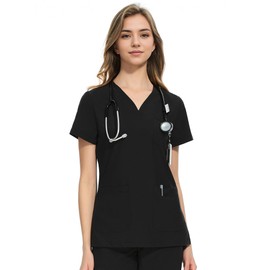 COZYFIT Medical Scrub Tops for Women - Soft Stretch,Curved V-Neck Scrub Tops with 3 Pockets,Black,XS