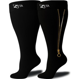 Zeta Wear Plus Size Zipper Support Socks - Wide Calf Graduated Compression for Women, Men, Seniors - Black, 4XL