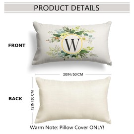 Snylcee Monogram Letter W Throw Pillow Covers Floral 12x20 Inch, Greenery Spring Pillows Decorative Throw Pillows Pillowcase Summer Farmhouse Decor for Couch Sofa, Family Last Name Initial Pillow Case