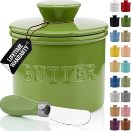 PriorityChef Butter Crock with Lid with Water Line, Ceramic French Butter Dish to Leave On Counter, Green