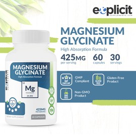 Pure Magnesium Glycinate 425mg, 100% Chelated, 60 Capsules – Made in USA – 1 Month