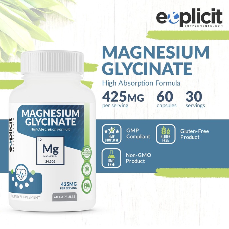 Pure Magnesium Glycinate 425mg, 100% Chelated, 60 Capsules – Made