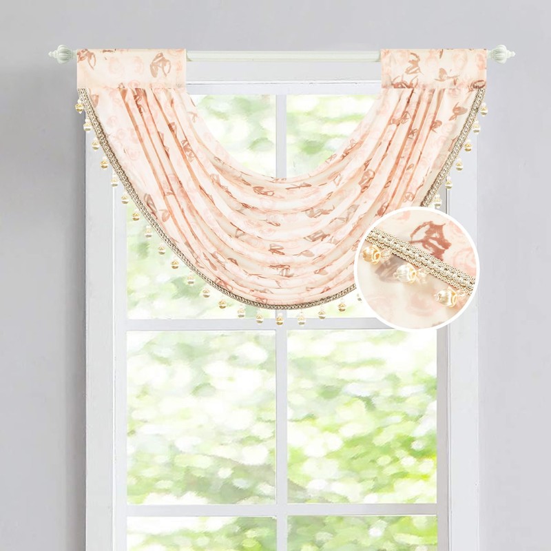 VOGOL Pink Rose Waterfall Window Valance, Rod Pocket, 30 x