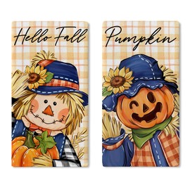 Croar Hello Fall Pumpkin Scarecrow Kitchen Dish Towels Set of 2, Autumn Yellow Plaid Check Drying Hand Towels Baking Cooking Cloth, Sunflower Farmhouse Seasonal Rustic Home Kitchen Decor 18 x 26