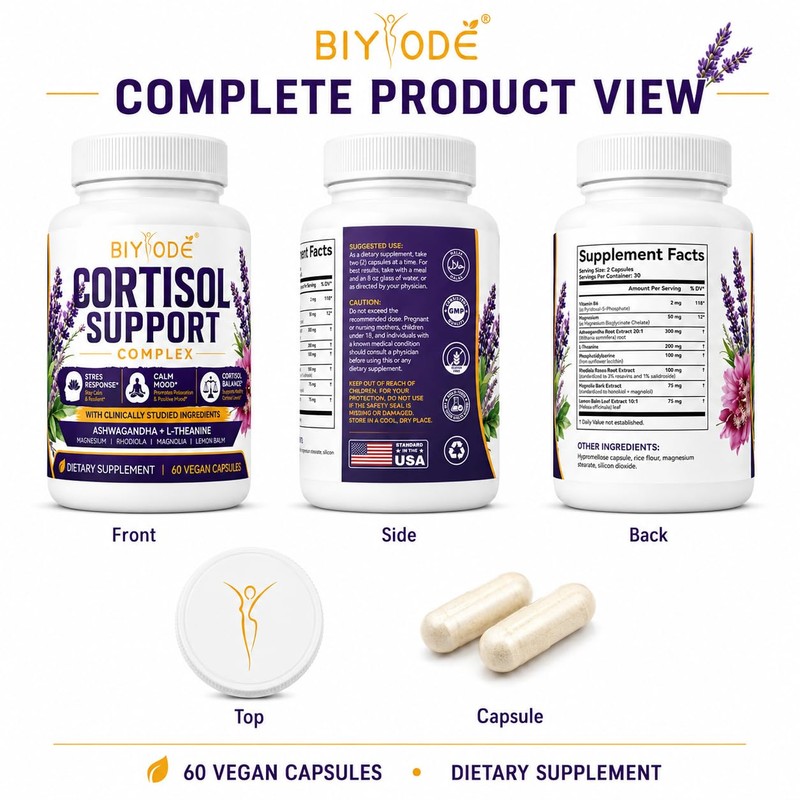 BIYODE Cortisol Support Complex Ashwagandha L Theanine Magnesium Rhodiola Lemon