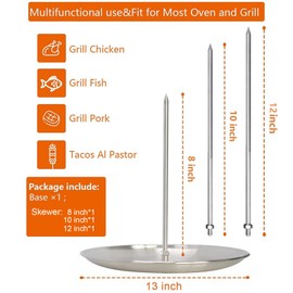 TOPROAD Al Pastor Skewer for Grill, Stainless Steel Vertical Skewer with 13" Base Pan, 3 Removable Spikes(8"/10"/12") & Brushes, Perfect for Tacos Al Pastor, Shawarma, Kebabs on Smoker, Oven, BBQ