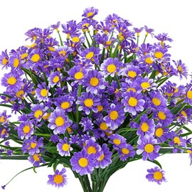TEMCHY Artificial Daisies Flowers Outdoor UV Resistant 4 Bundles Fake Foliage Greenery Faux Plants Shrubs Plastic Bushes for Window Box Hanging Planter Farmhouse Indoor Outside Decor(Purple)