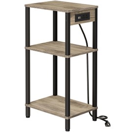 Creso hom Tall End Table with Charging Station and USB Ports, 3 Tier Narrow Side Table with Storage, Skinny Nightstand with Outlets for Bedroom, Living Room, Office, Greige