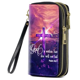 FQTBCEARI Cross Quote Bible Verses Psalm 46:5 Print Women Large Capacity Wallet PU Leather Double Zipper Clutch Purse for Smart Phone/Card/Coin/Cash