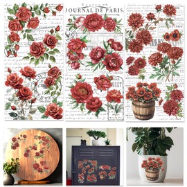 INFUNLY 3PCS Vintage Red Rose Rub on Transfers for Furniture 5.9"×11.8" Flower Theme Transfers Sticker Botanical Peony Transfers Stickers with Word Background for Wood Glass Scrapbook DIY Paper