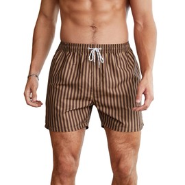 WDIRARA Men's Drawstring Waist Quick Dry Swim Trunks Striped Print Pocket Shorts Brown XL