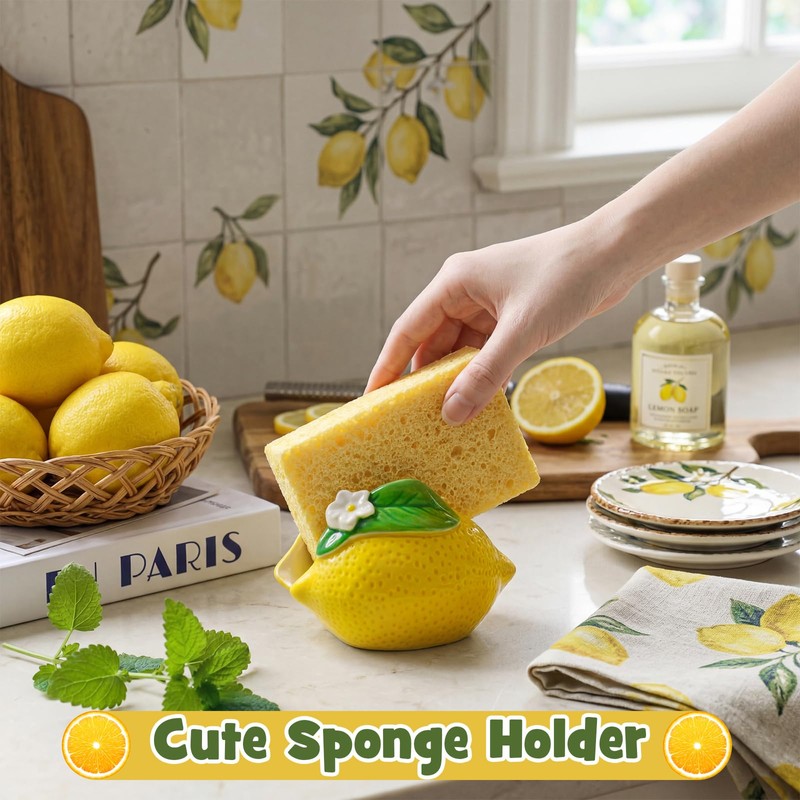 Singhoow 4 Pcs Lemon Kitchen Decor Ceramic Soap Dispenser Set