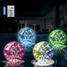 Solar Pool Lights, 4 Pcs 14.5" Floating Balls IP67 Waterproof Inflatable Solar Powered Lights, Timer 16 Colour with Remote Control for Pool Snowy Beach Yard Wedding Party Night Decor