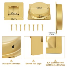 Malimali 4 Pack Recessed Sliding Door Handles, 70mm Square Flush Door Handles Hardware Stainless Steel Finger Pulls for Pocket Door Closet Door Kitchen Cupboard Door (Brushed Gold)