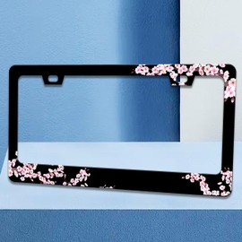 2pcs Cherry Blossoms License Plate Frame Beautiful Pink Flowers License Plate Frames Funny Auto Accessory Bracket Stainless Steel License Plate Cover for Women Men 6x12 Inch
