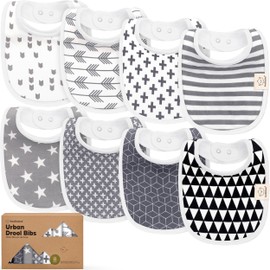 8-Pack Organic Baby Bibs for Boys, Girls - Soft Cotton Drooling and Teething Bibs for Baby Girl & Boy, Extra Absorbent, Easy To Clean & Put On for Toddler, Newborn, Infant 0-24 Months (Grayscale)
