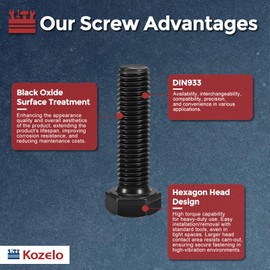 Kozelo 10 Pcs Hex Head Screws Bolts - [M10-1.5x35] Carbon Steel Grade 10.9 Fully Threaded Hex Tap Metric Hexagon Head Machine Bolts Right Hand External Hex Drive, Black