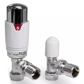 TC Angled Thermostatic Radiator Valve TRV & Lockshield 15mm x 1/2" Drayton TRV4 Style Chrome White Angle Pack EM