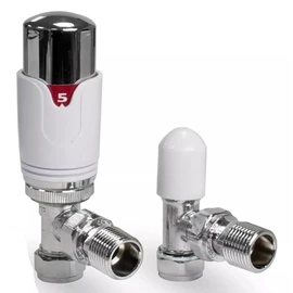 TC Angled Thermostatic Radiator Valve TRV & Lockshield 15mm x 1/2" Drayton TRV4 Style Chrome White Angle Pack EM