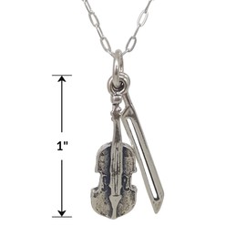 Sterling Silver Violin with Bow Fiddle Musical Instrument 3D Charm Necklace, 18"