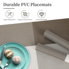 EDanle Vinyl Plastic Placemats Set of 6 Washable Heat Resistant Non-Slip Elegant Indoor&Outdoor Kitchen Dining PVC Woven Table Place Mats (Light Coffee Lattice Block)