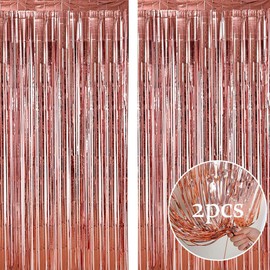 2pcs 3.2ft x 6.5ft Foil Fringe Curtain Door Curtains, Metallic Tinsel Curtains Streamers for Birthday Graduation Wedding Engagement Bridal Shower Bachelorette Holiday Party Decoration (Rose Gold)