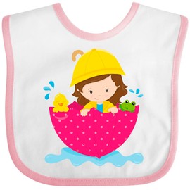 inktastic Girl in Raincoat, Girl with Umbrella, Brown Hair, Frog, Duck Baby Bib White and Pink 460b1