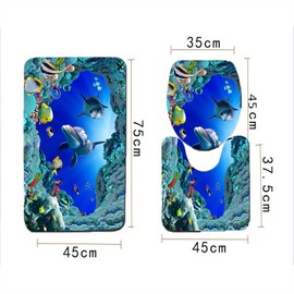 Smavles Bathroom Set Rug 3-Piece Bath Mats Washable Bath Mat Ocean Style Underwater World Dolphin Carpe Toilet Mat 3D Dolphin Print Bath Mat Set