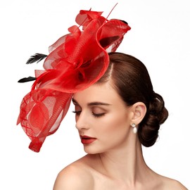 TS Fascinators Hat Mesh Floral Feather Fascinator Headband for Wedding Cocktail Tea Party or Special Occasion, Red, One Size