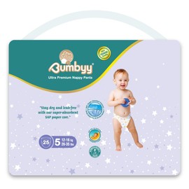 Bumbyy Premium Nappy Pants - Nappies Size 5 (12-16kg) - Ultra Absorbent SAP core for 12hr Leak Protection, Chemical Free, Dermatologically Tested, Soft & Thin Pull-Ups for Sensitive Skin - 25 Count