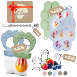 O’doe Silicone Baby Popsicle Molds & Baby Food Feeder with 1 Clip, 2 Pack Freezer Tray with Lid, 2 Breastmilk Popsicle Molds for Teething Relief, BPA Free, includes 3 Extra Teething Pacifiers & Toys