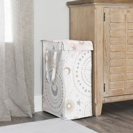 Sweet Jojo Designs Blush Pink Gold Star and Moon Girl Laundry Hamper Foldable Dirty Clothes Basket with Handles for Baby Nursery Kids Bedroom Teen Bathroom - Grey Celestial Sky Stars Gray Shabby Chic