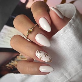 White Press on Nails Short Almond Fake Nails Gold Flower Leaf Acrylic Nails Glossy False Nails Spring Artificial Nails Full Cover Glue on Nails for Women Manicure Nails Decoration 24Pcs