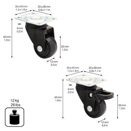 Wagner Design - 3C - Swivel Castors / Apparatus Castors / Furniture Castors Set of 4 - Black Soft Running Surface Diameter 25 mm 2 Castors without and 2 Castors with Lock Load Capacity 12 kg / Roll -