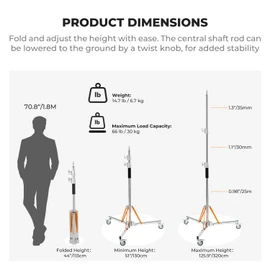 K&F CONCEPT Heavy Duty Light Stand with 360° Swivel Casters & Step-On Brakes, 10ft/305cm Adjustable Stainless Steel Tripod Stand for Studio Photography, Supports COB Lights, Softboxes up to 30kg/66lb