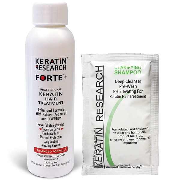 Extra Strength Keratin Forte-Plus Brazilian Keratin Hair Treatment Professional 120ml Bottle with Clarifying Shampoo & Sulphate Free Kit Proven Amazing Results by Keratin research