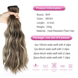 BHF 20 inch Wavy Clip in hair Extensions Full Head Synthetic Thick Hair Piece for Women 6pcs Double Weft Long Curly Hair Extensions（ Brown Mixed Ash Blonde）