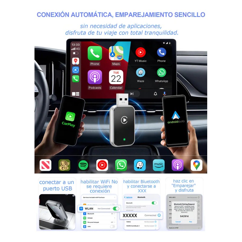 Adaptador Inalámbrico USB CarPlay Android Auto iHogco 2 en 1