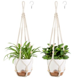 Mkono 6.5 Inch Hanging Planters, Macrame Plant Hangers with Self Watering Plant Pots Indoor Set of 2 Hanging Baskets Flower Pot Holders with Hooks No Tassels for Boho Home Decor, Ivory