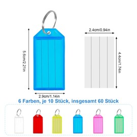 WUPENGZON Pack of 60 Key Rings Writeable 6 Colours Plastic Key Tags with Empty Labels Ring Key Tags for Labelling for Home, Offices, Pet ID, Suitcase, Luggage