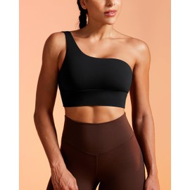 QUEENIEKE BareLuxe Womens One Shoulder Sports Bra Workout Strap Yoga Bras Cute Low Support Tops Black Large Right