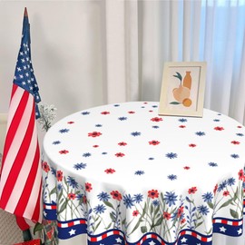 4th of July Round Tablecloth 60inchs, Independence Day Memorial Day Table Cover America Red Blue Floral Decorative Table Cloth Dining Table Cover, Summer Seasonal Dinner Party Picnic Decoration