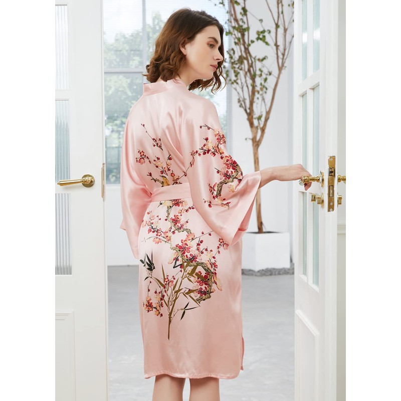 Ledamon Women's 100% Silk Kimono Short Robe (Light pink-A)